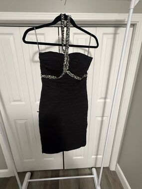 Daisy Black Mini Dress with Crystal Halter Detail